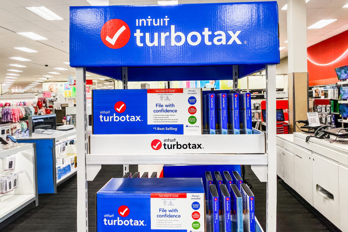 TurboTax display in a store in South San Francisco Bay Area; TurboTax is an American tax preparation software package offered by Intuit Inc.