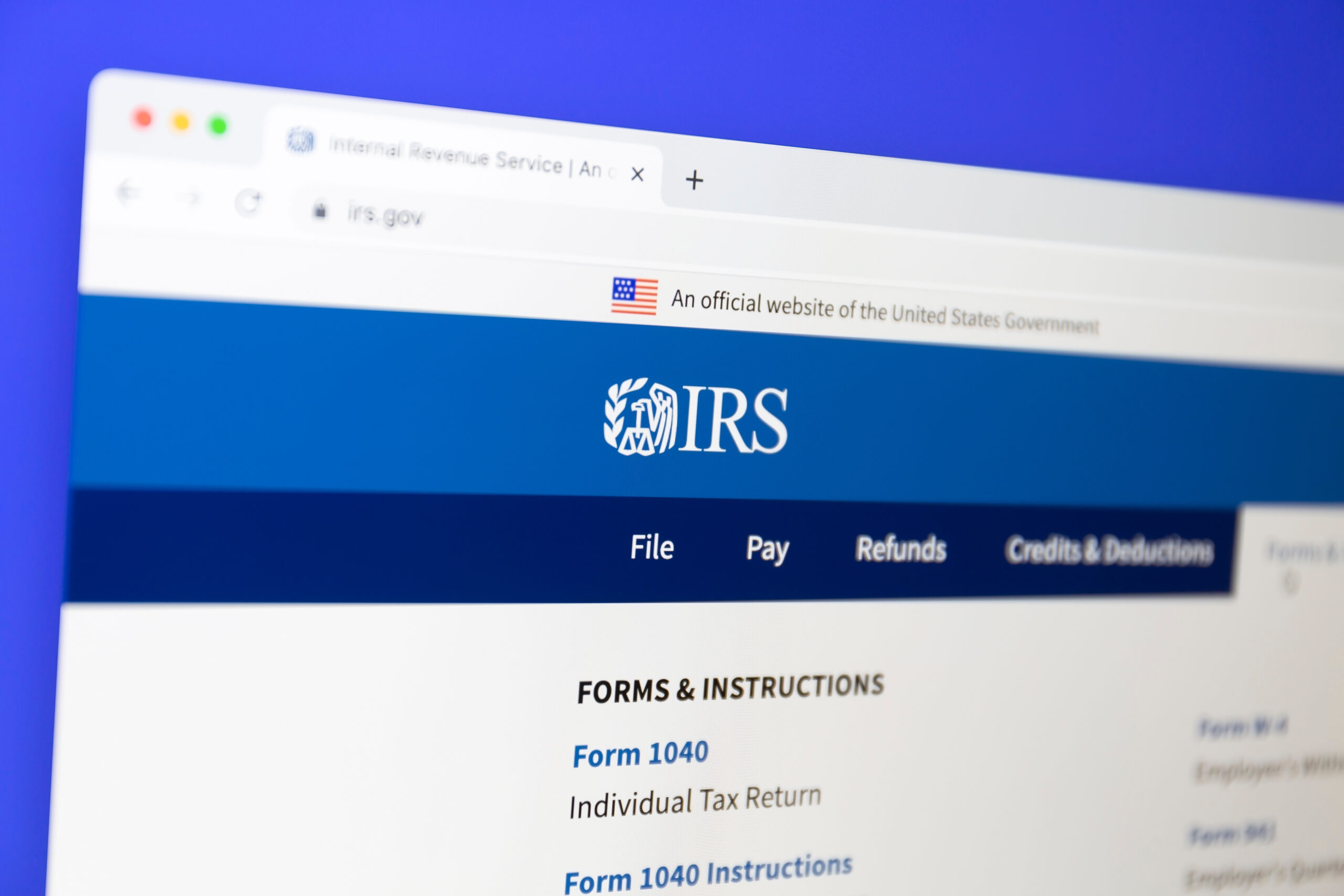 IRS USA Government website on a computer screen. IRS is the revenue service for the United States federal government,